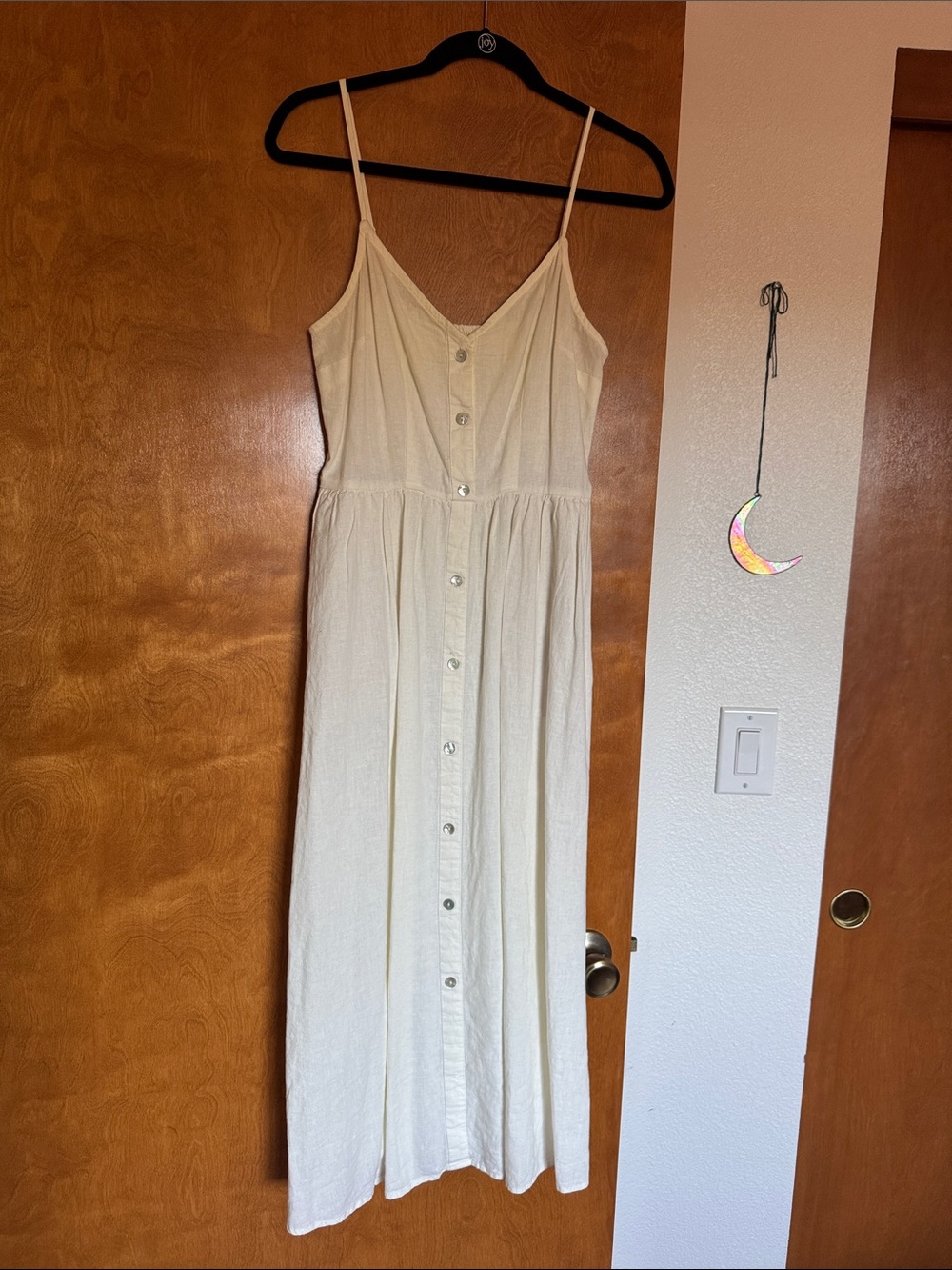 Women's Cream Button-Front Midi Dress with Spaghetti Straps